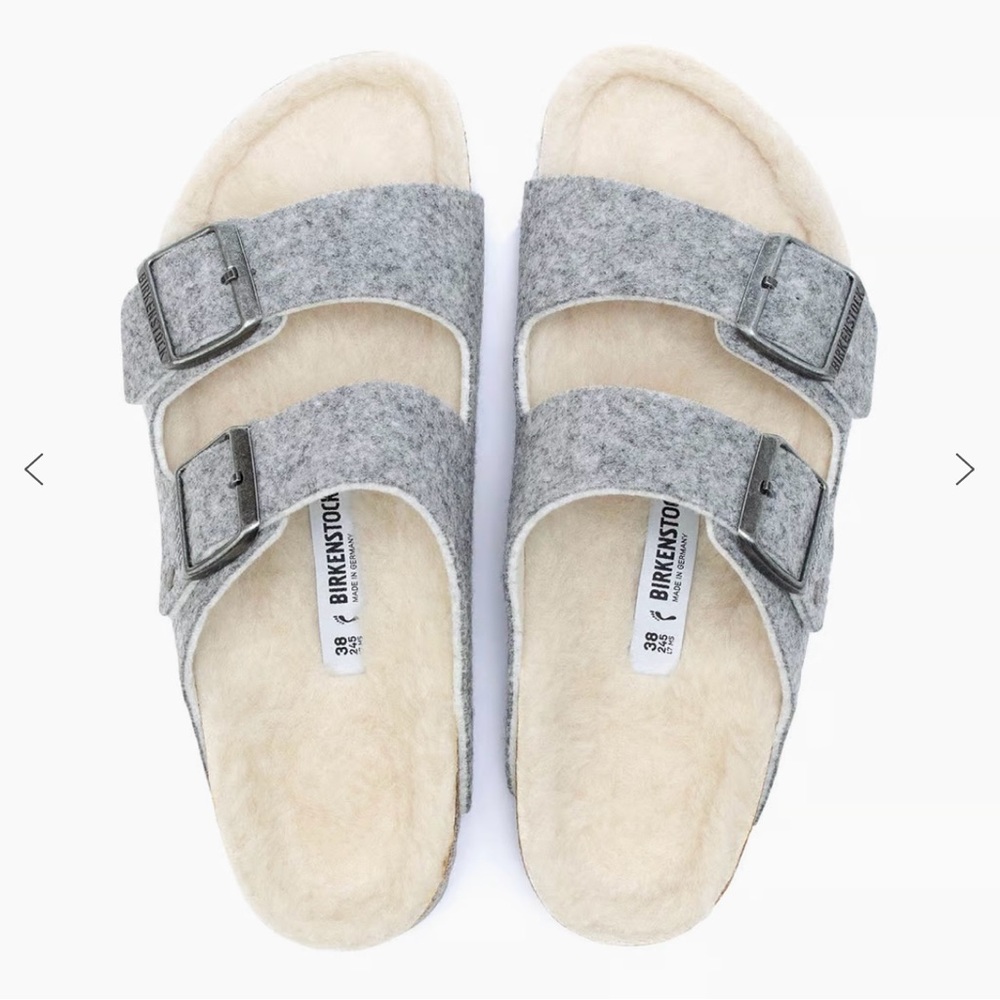 Birkenstock Women’s Arizona Shearling Sandals in Light Gray and Neutral Size 41